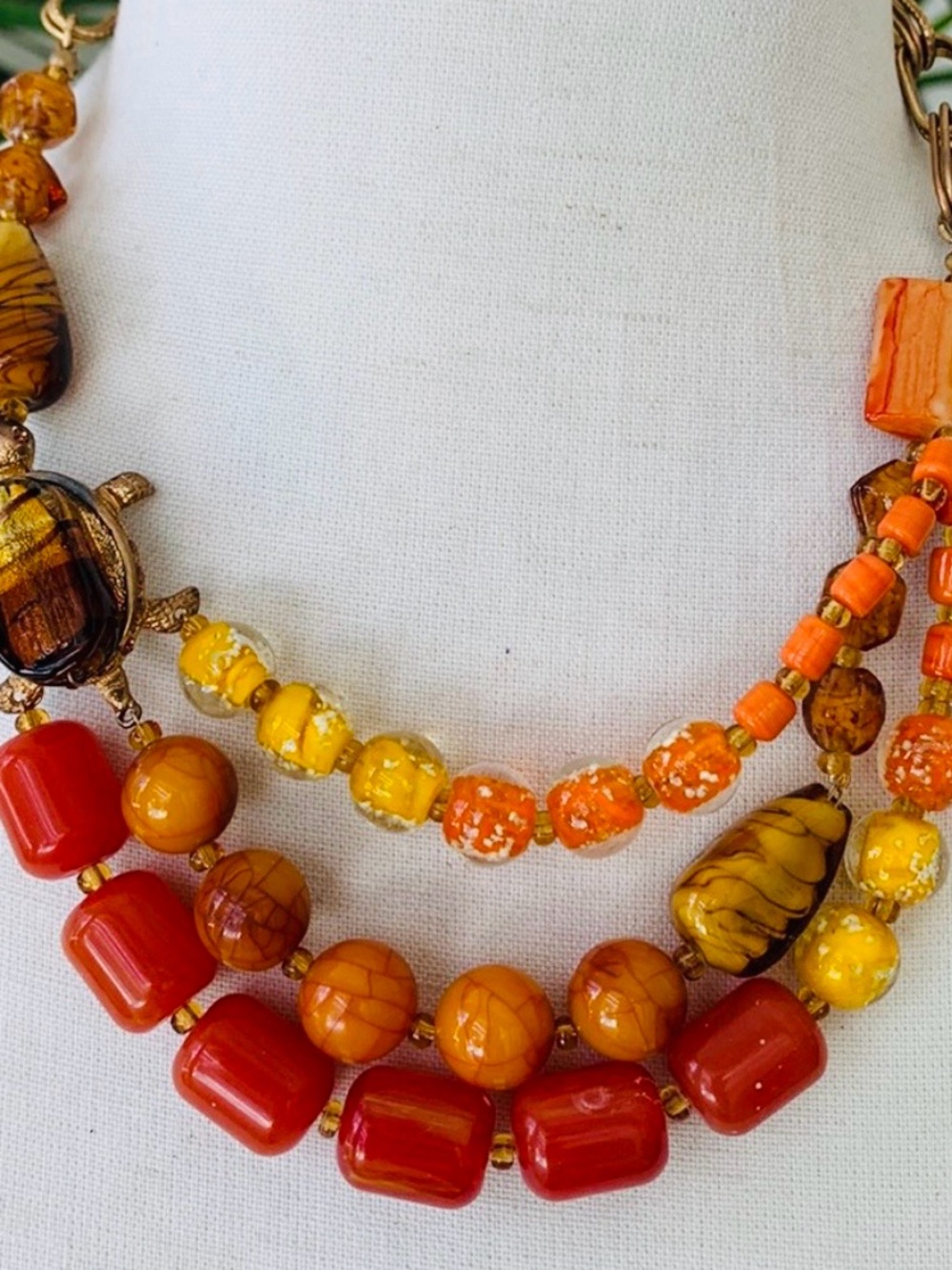 Chico’s Multi-Strand Red & Orange Beaded Turtle Necklace
